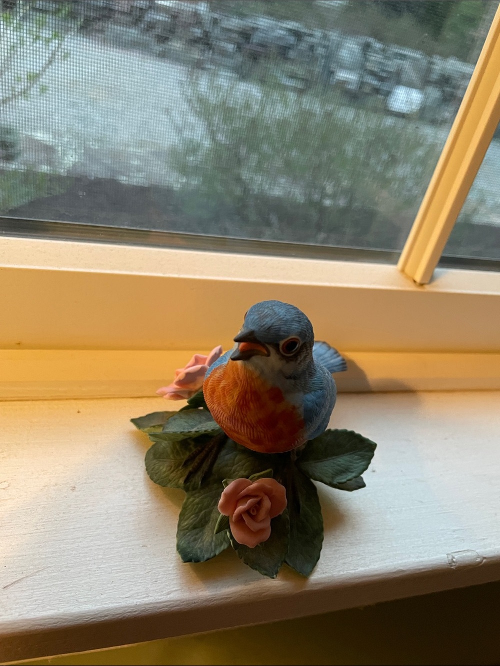 Lenox Blue and Orange Porcelain Songbird with Pink Roses